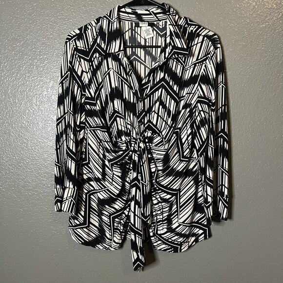 Studio 1940 Size L Black & White Geometric Print Tie-Front Collared Blouse - Picture 1 of 4